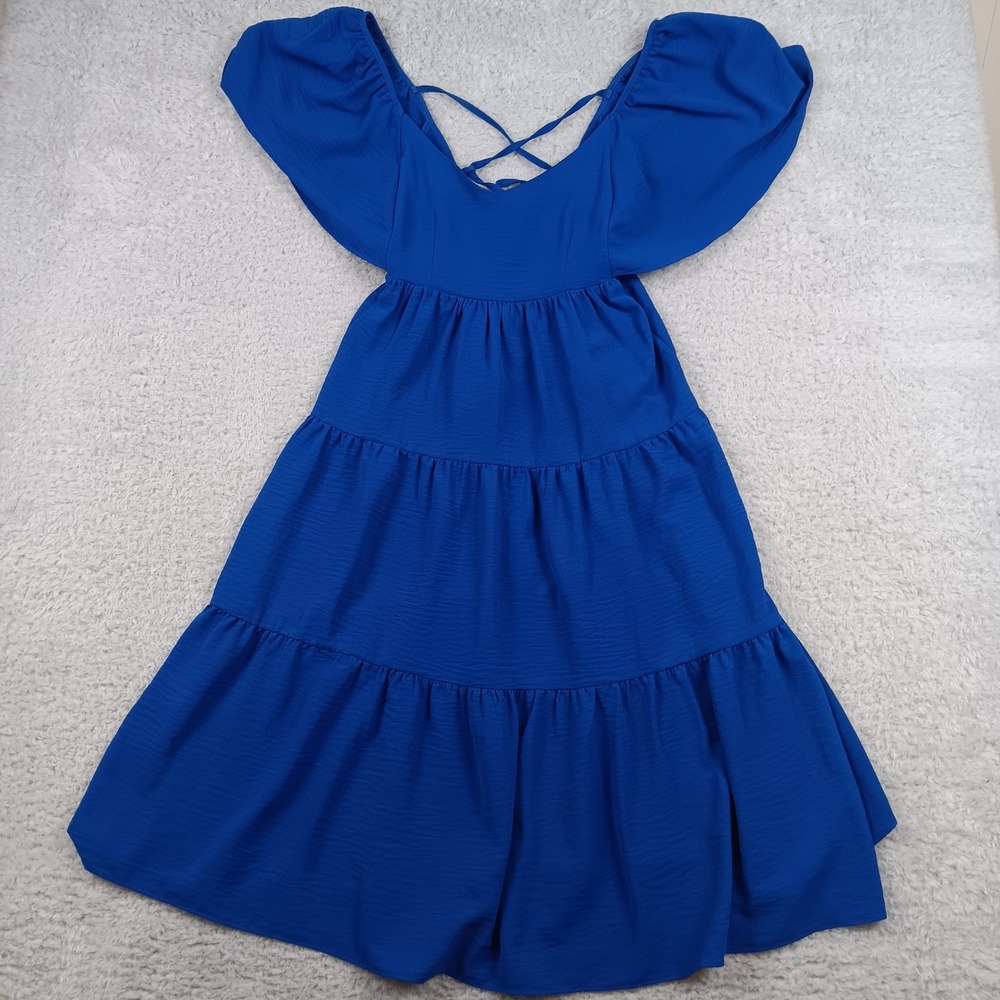 Everleigh Brooks Dress S Blue Tiered Lace Up Back Flutter Sleeve SY2585R